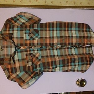 Multi-Colored short sleeve flannel button-up by BellaD; Size large